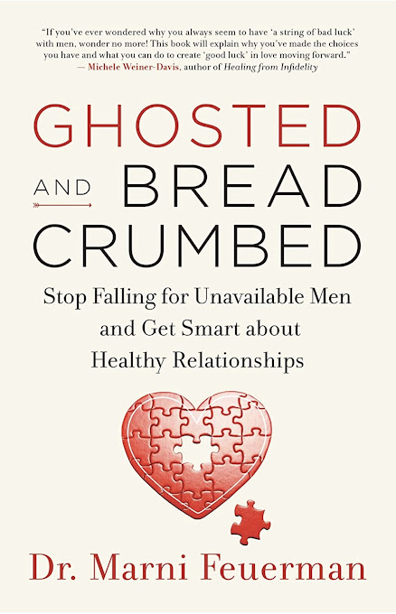 The book cover of 'Ghosted and Breadcrumbed' by Dr. Marni Feuerman, featuring a red puzzle-piece heart.