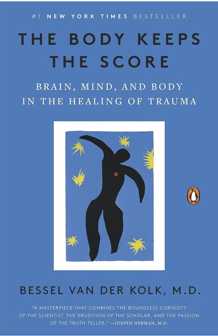 Blue book cover of 'The Body Keeps the Score' by Bessel van der Kolk with an abstract human silhouette.
